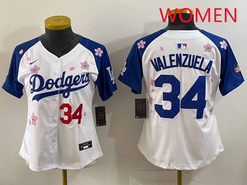 Women Los Angeles Dodgers 34 Valenzuela White Blue Sakura Edition 2025 Nike MLB Jersey style 32
